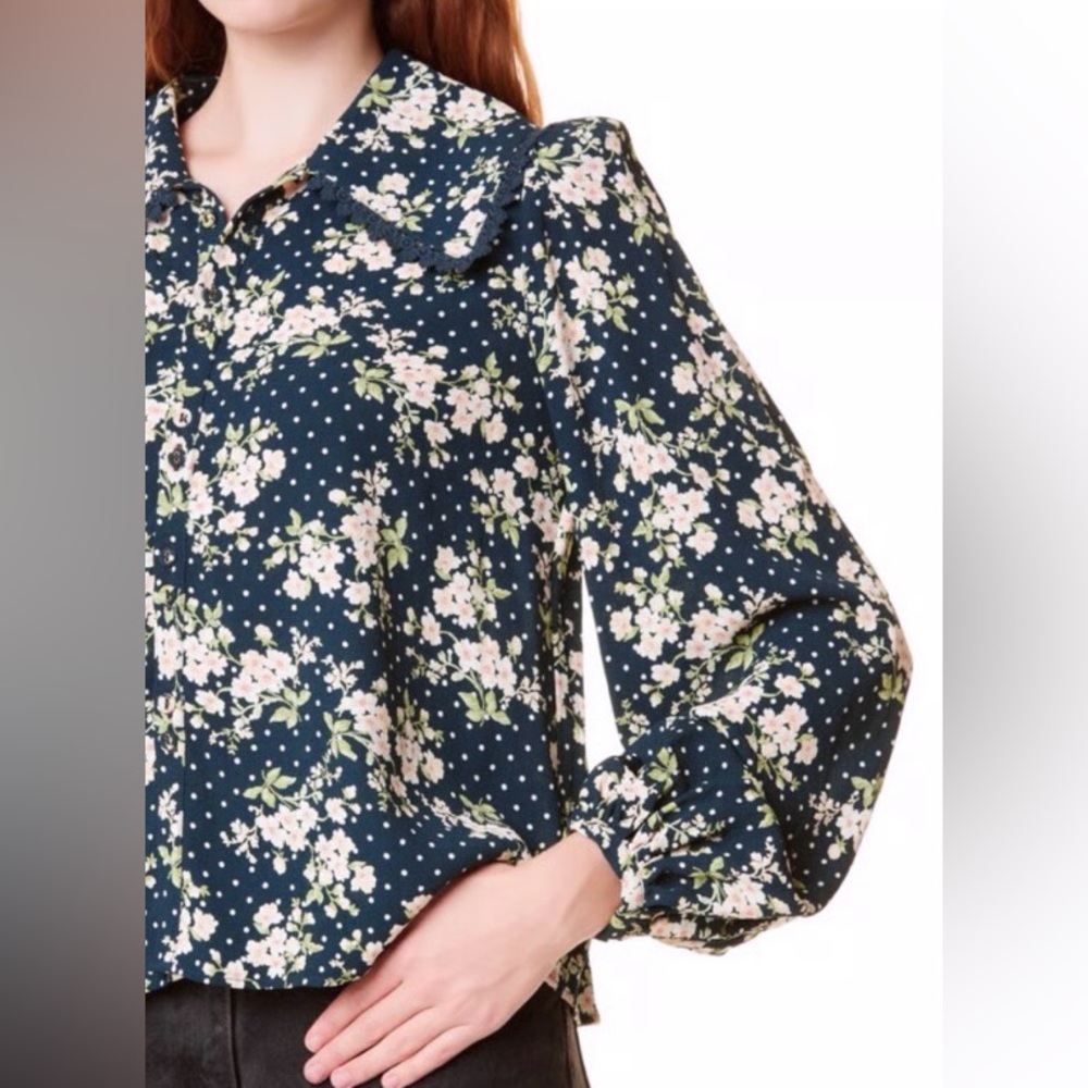 ByTiMo Anthropologie Floral And  Dot Cupro Crepe Button Blouse Dark Blue Navy M - Picture 9 of 12